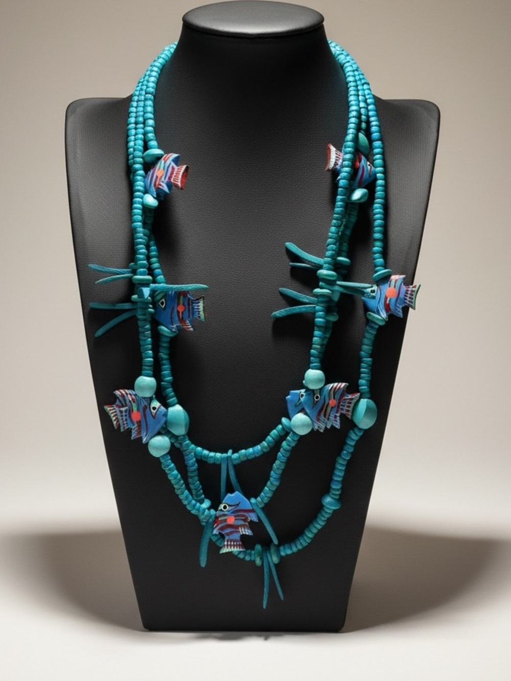 Vintage Tropical Fish Wood Bead Necklace Earrings Parure Set Boho Novelty 1980s